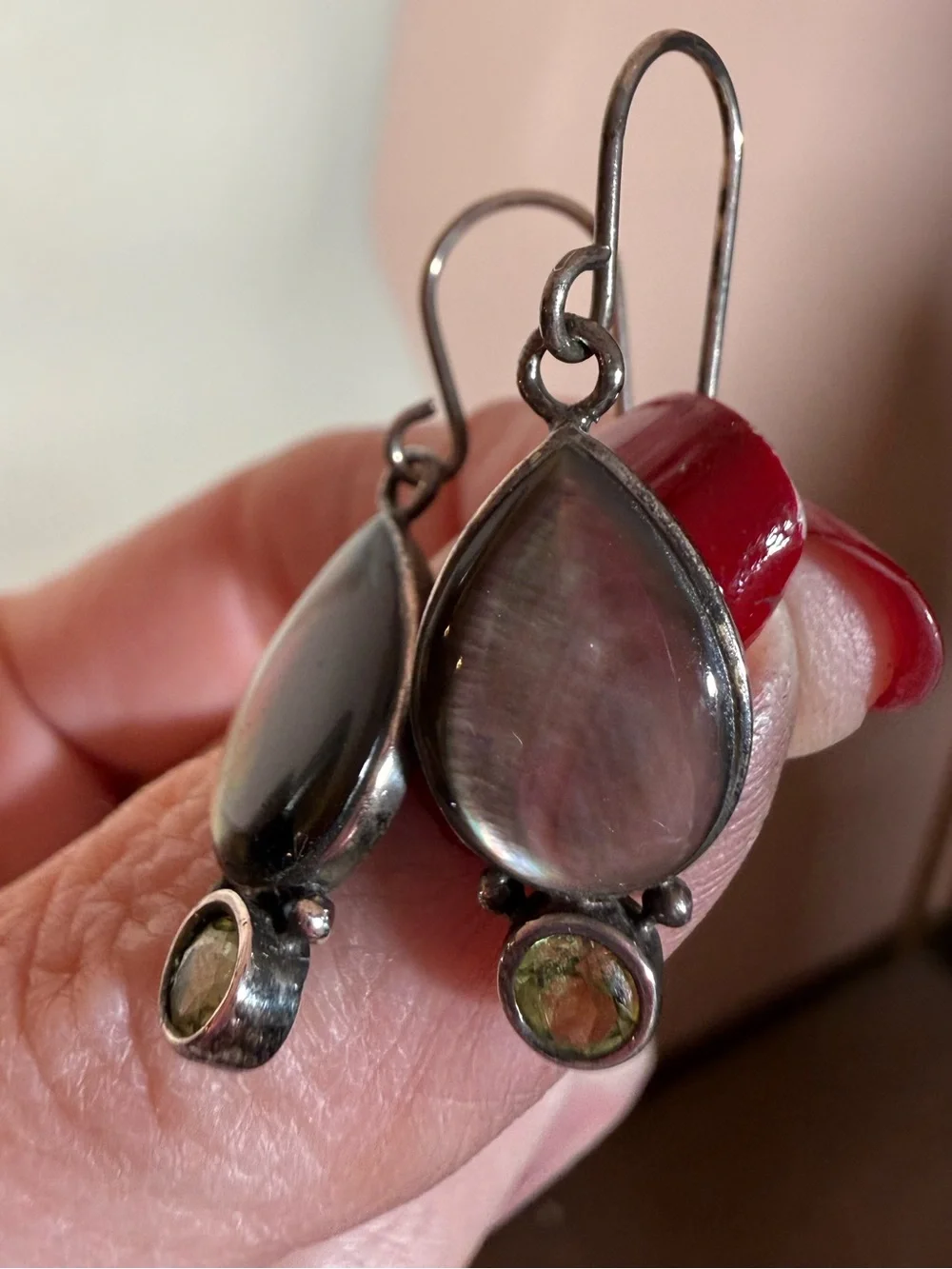 Sterling silver Abalone shell tear drop green Peridot Dangle Minimalist earrings